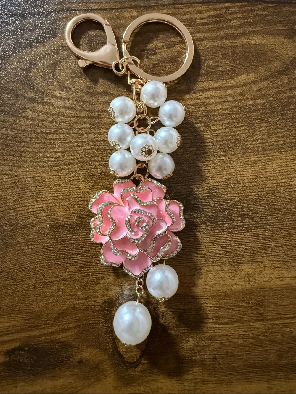 Pink Rose Faux Pearl Rhinestone Gold Tone Purse Charm Keychain - Picture 1 of 5